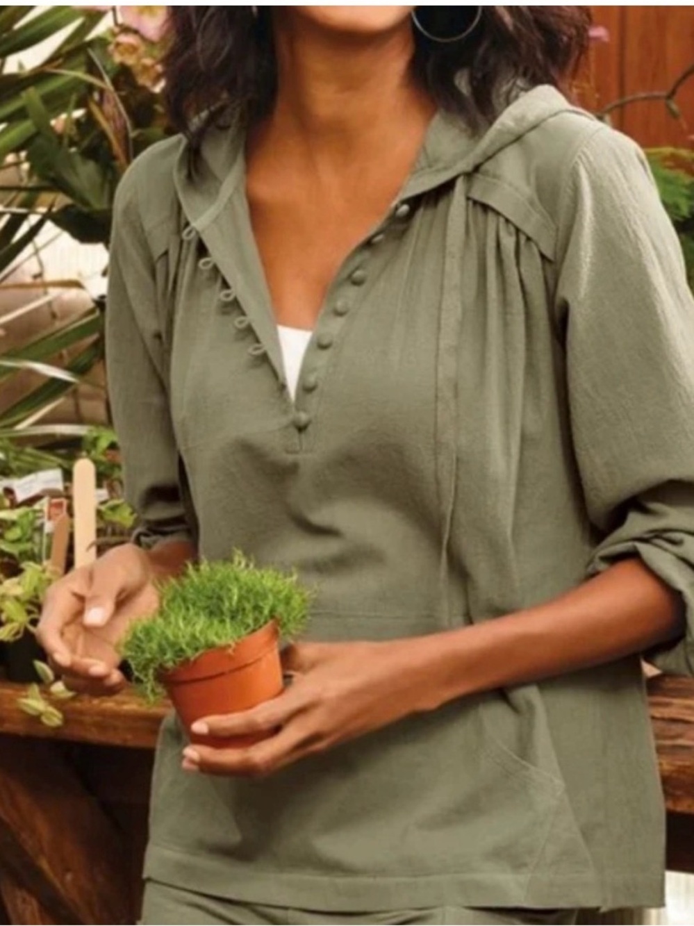 Soft Surroundings Lanai Olive Green Hoodie size petite large